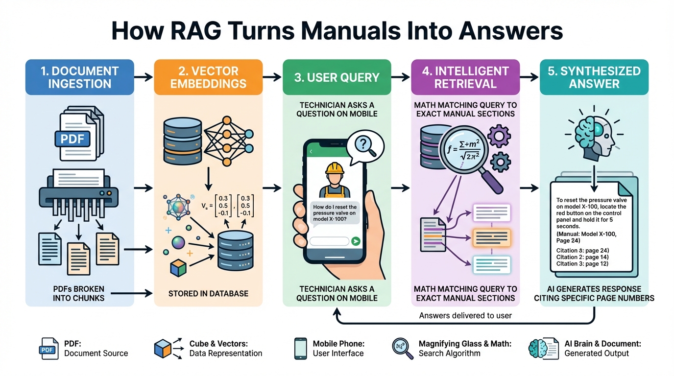 Diagram showing how RAG technology converts equipment manuals into instant answers
